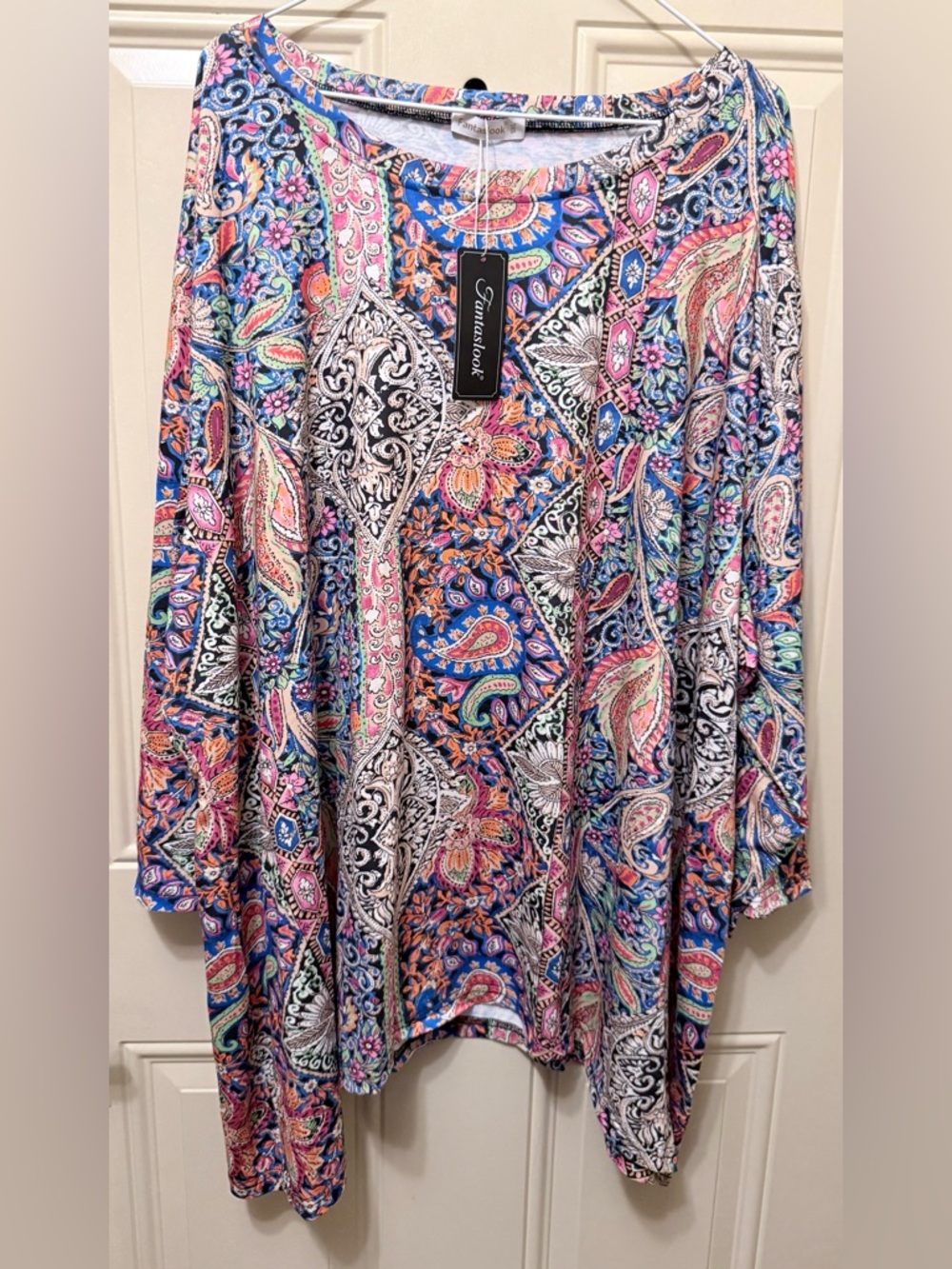 Fantaslook Colorful Boho Paisley Print Tunic Top Shark Bite Boat Neck 5XL